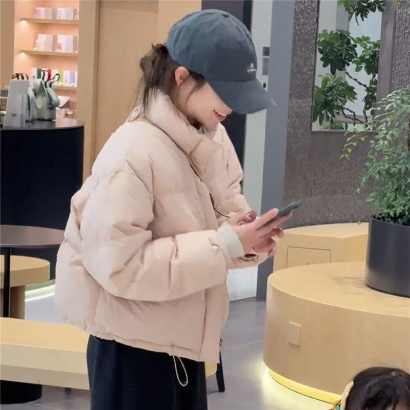 Women's Short White Duck Down Puffer Jacket, Autumn/Winter Korean Style, Loose Fit, Small Size Bread Coat Outerwear