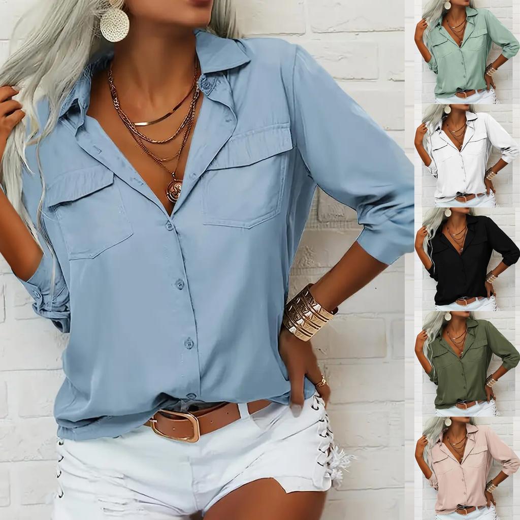 Long Sleeve Linen Shirts For Women Button Down Loose Color Blouse Lightweight Casual Lapel Tunic Tops