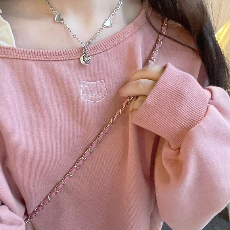 Süße Rosa Cropped Hoodies Y2k Kleidung Damen Katzenstickerei Schulterfrei Locker Kordelzug Rundhals Sweatshirt