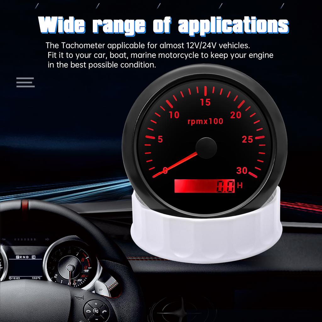 85mm Waterproof Car Boat Tachometer with Tacho Sensor M16/M18 Signal Adapter 3000rpm Speed Guage Motorcycle LCD RPM Meter Tach