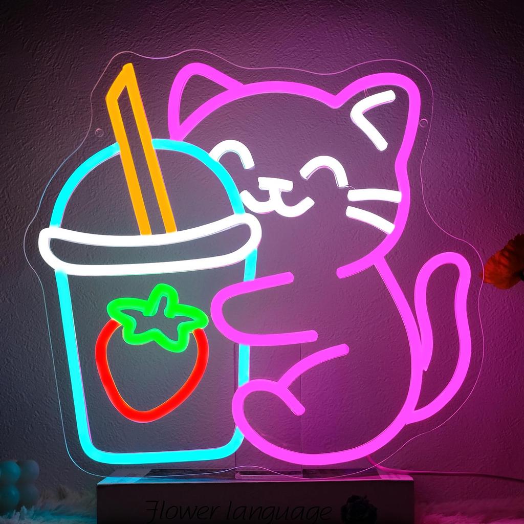 Cute Cat Boba Tea LED Neon Signs for Wall Decor, Aesthetic Room Decor Neon Light, USB Hanging Night Lamp for Bedroom Bar Party