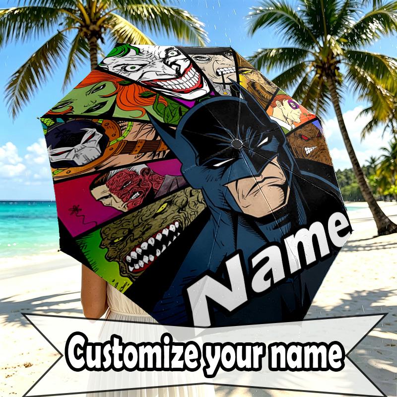 Custom Name Personalized Batman Print Umbrella, Auto Open Close, 8‑Rib Sturdy Frame, Commute Camping Hiking Use, Birthday Gift