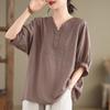 Women's Retro Cotton Linen Plus-Size Summer T-shirt with Loose Seven-Sleeve Design