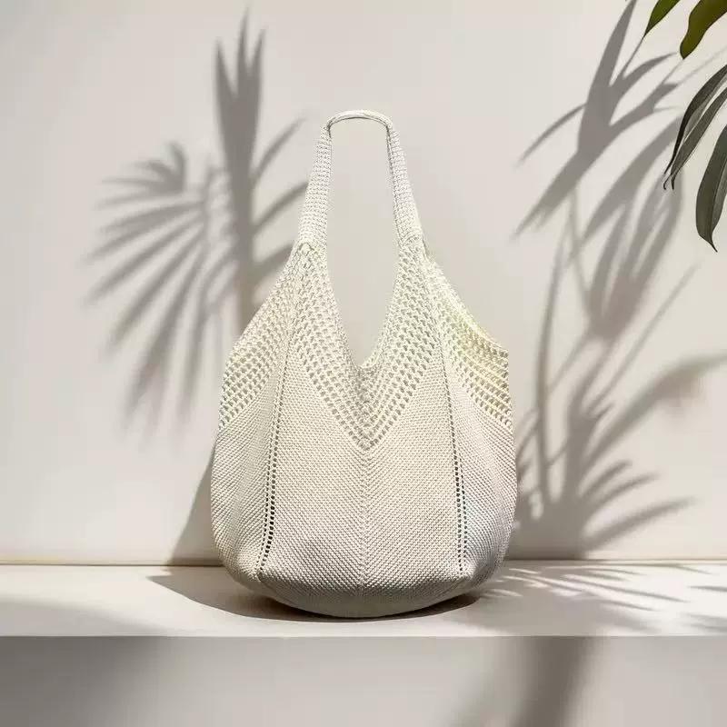Yogodlns Casual Hollow Women Shoulder Bag Solid Color Large Capacity Summer Woven Beach Bag Foldable Handmade Crochet Tote Bag