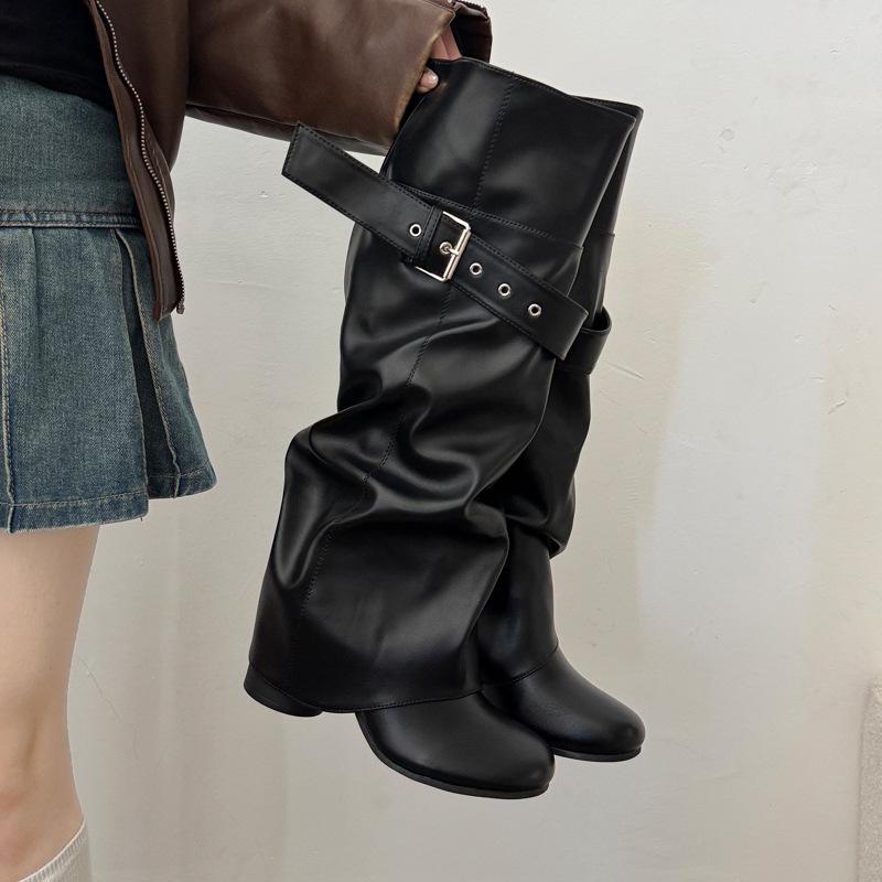 Pants boots women's new versatile round head belt buckle high knight boots niche retro but knee boots
