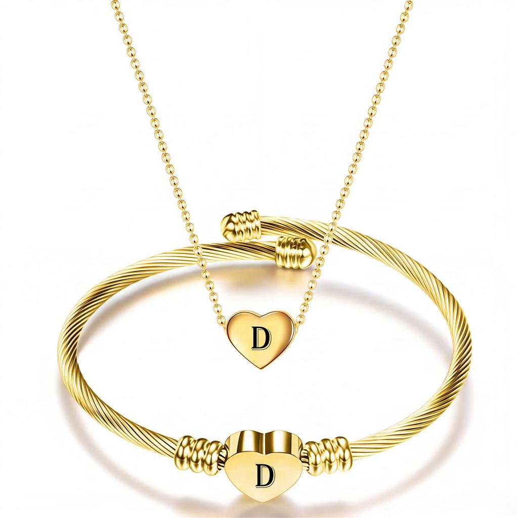 Diy 26 Letters Fadeless Stainless Steel Heart Pendant Necklace Bracelet Set For Women