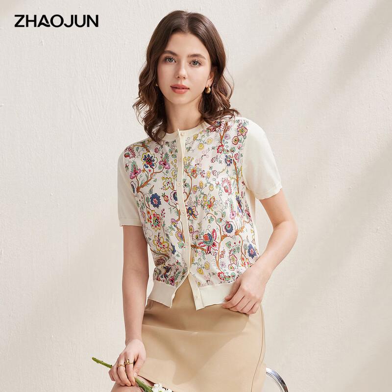 Zhaojun Women s Silk Blend Floral Print Short Sleeve Cardigan M