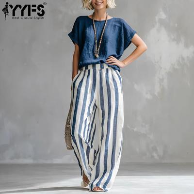 Women's Fashion Casual Summer Spring Stripe Print Short Sleeve O-Neck Trousers Pants Suits