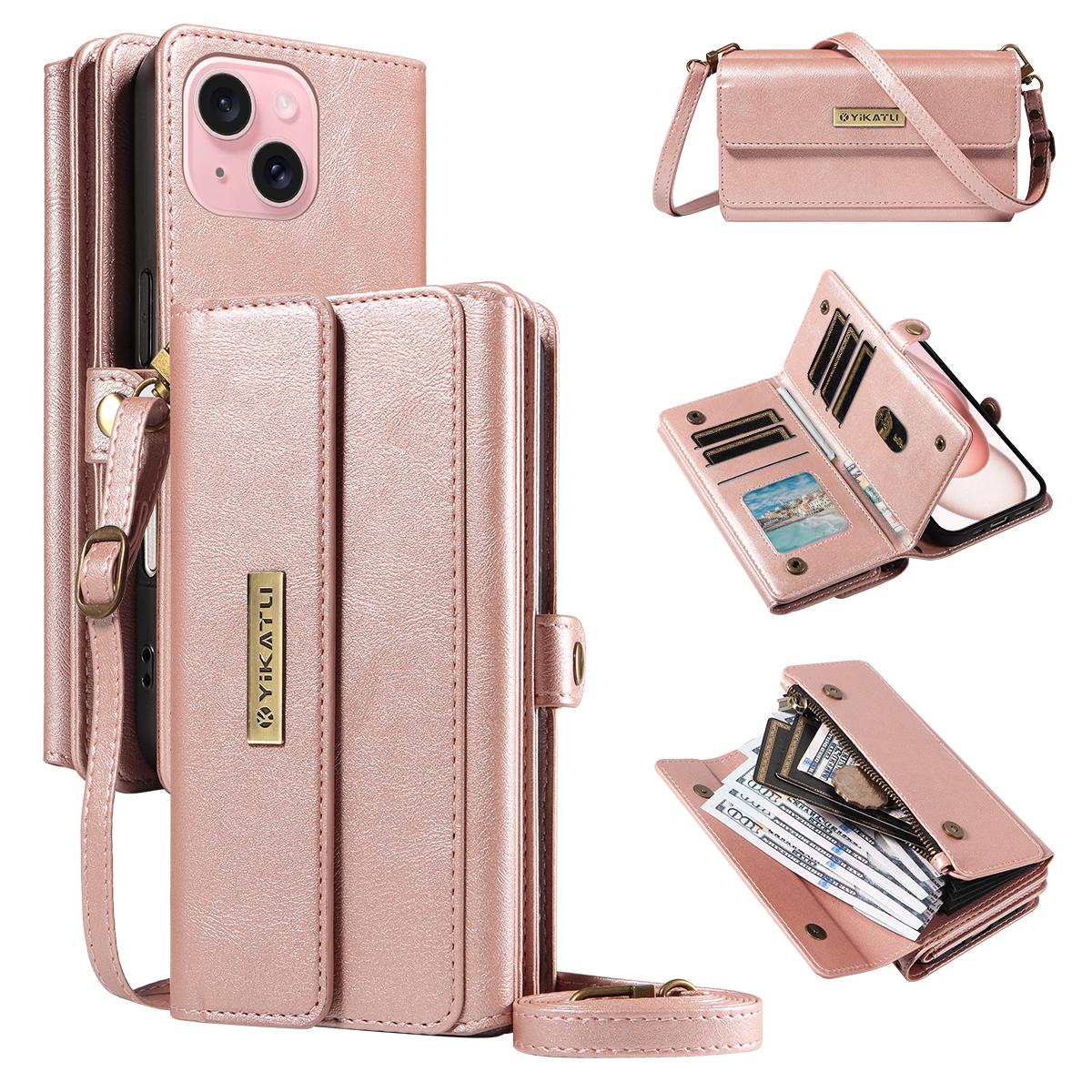 

For iPhone 15 Case YIKATU YK-008 Zipper Wallet Leather Phone Cover with Shoulder Strap Rose Gold