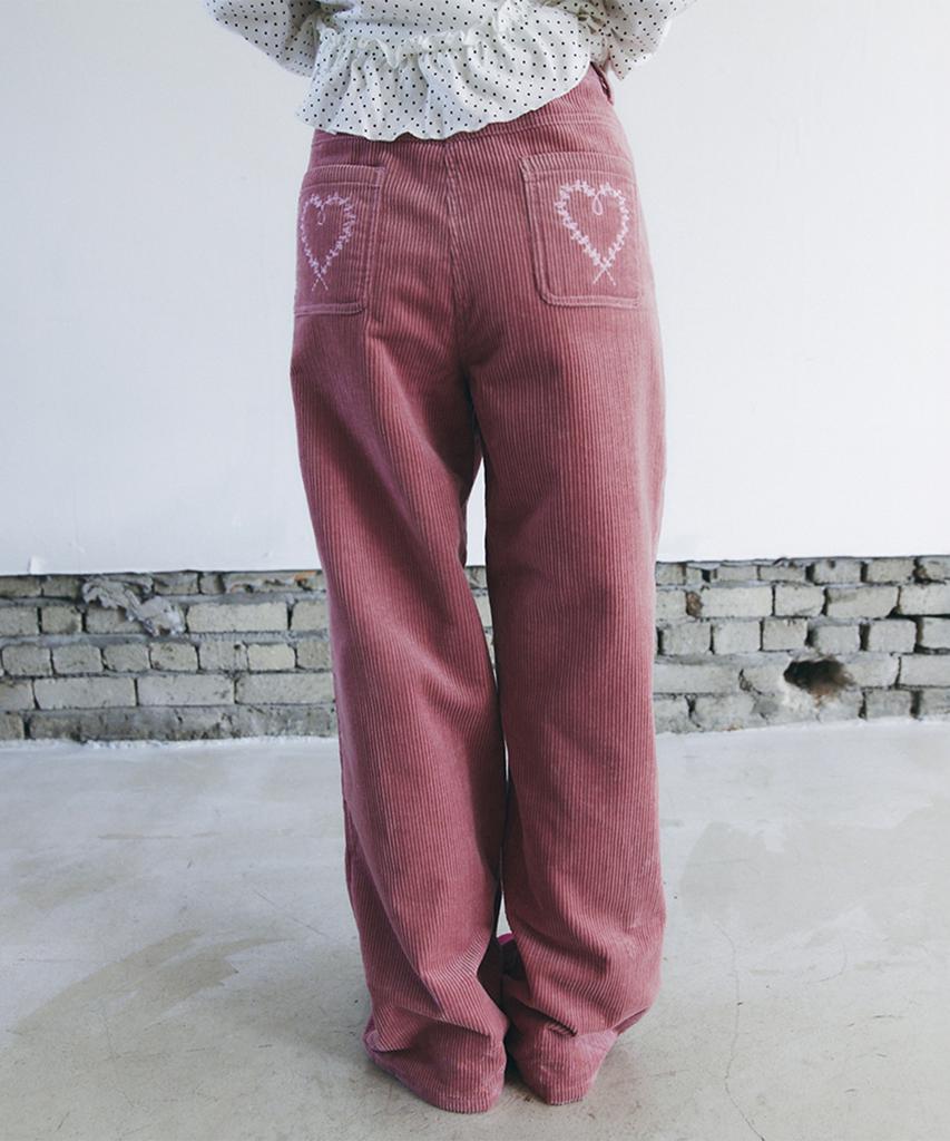 Selliteiljeu Heart Embroidery Corduroy Wide Pants_Pink