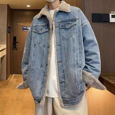 Men's Winter Denim Cotton Jacket with Velvet, American Style, High Street Look, Thick and Loose Fit
