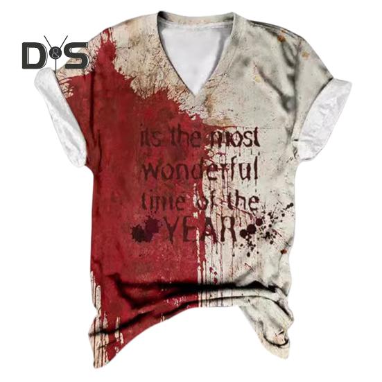 

Женская футболка с V-образным вырезом и коротким рукавом, футболка с принтом крови на Хэллоуин, тонкая эластичная, для косплея, фестивалей, пуловеры, топы M