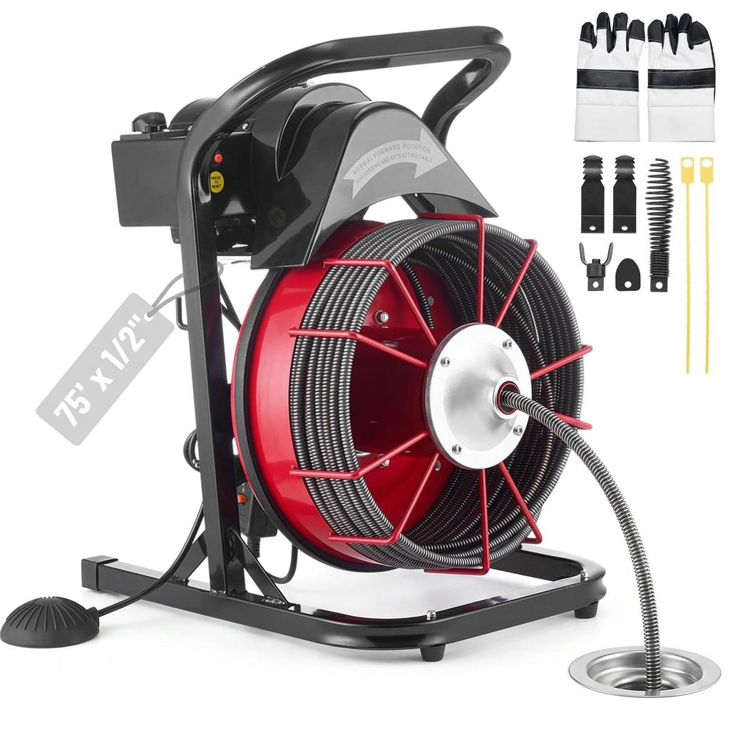 VEVOR Drain Cleaner Machine 23m x 13mm, Sewer Snake Auger Manual Feed with 4 Cutters & Air-activated Foot Switch for 50mm to 150mm Pipes