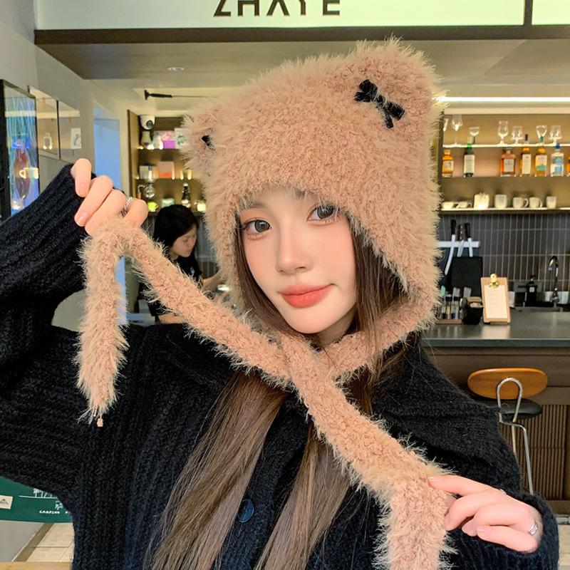 New Cute Cat Ear Hat Bow Plush Hat Winter Ear Protection Cold Warm Hat Versatile Knitted Hat Women's Hat