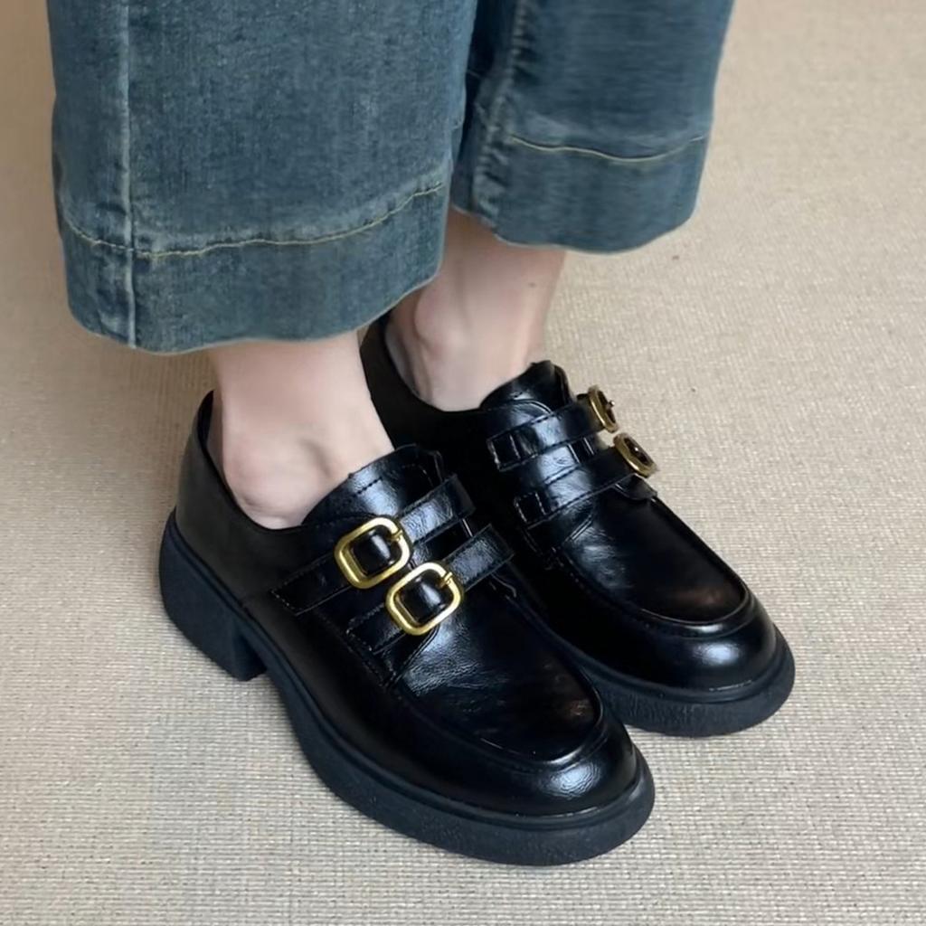 French platform loafers 2025 spring new round head versatile retro British thick heel Mary Jane small leather shoes women