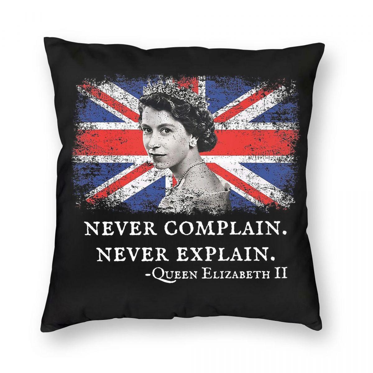 Never Complain Never Explain Elizabeth Square Pillowcase Polyester Linen Velvet Pattern Zip Decorative Pillow Case Sofa Cover Peach skin 18*18(CM)-1Pcs