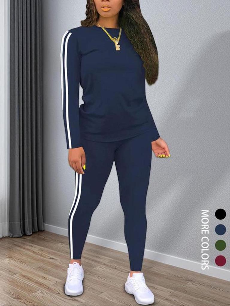 Women's Casual Two-Piece Sportswear Set: Long-Sleeve Top & Slim-Fit Pants with Side Stripes, Multi-Color Options