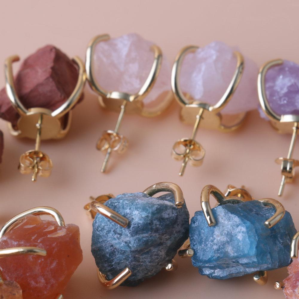 Natural Gemstone Earrings for Women - 18K Gold Plated Raw Amethyst and Rose Quartz Healing Crystal Stud Earrings