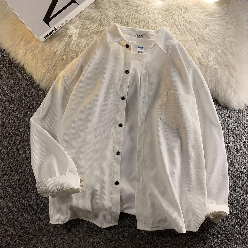 Spring Autumn Corduroy Long Sleeve Men's Shirts Streetwear Solid Color Oversize Harajuku Man Shirt