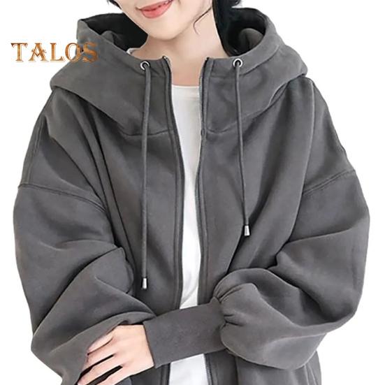 Women Thick Coat for Autumn Winter Warmth Solid Color Mid Length Fleece Jacket with Pockets Loose Zipper Hooded Coat for Daily Wear