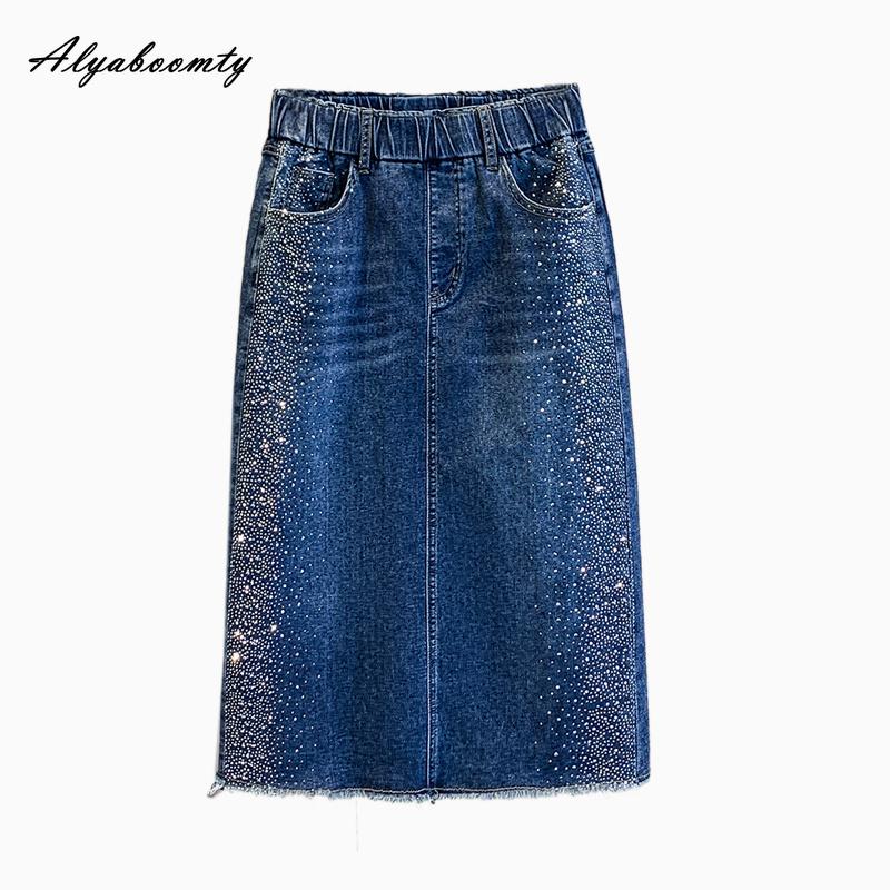 Korean Style Plus Size Spring Summer Women Denim Skirt High Waist Diamonds Tassel Office Lady Stretchy Skirt Elegant Feminine Split Straight Skirts
