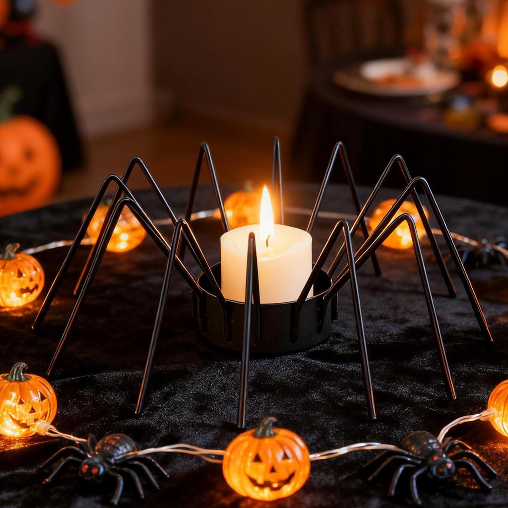 Gothic Spider Tealight Candle Holder - Metal Halloween Indoor Decor for Fireplace, Mantel, Apartment, Hotel Lobby Display