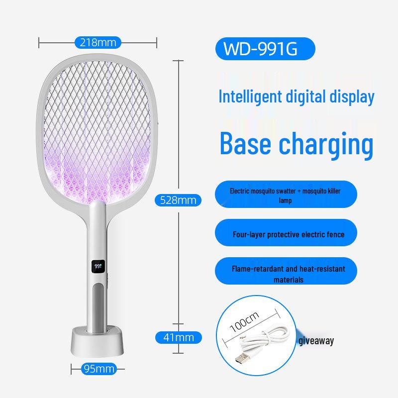 Rechargeable Electric Mosquito Swatter with Purple Light Attractant and Display Screen Stand, Indoor Use