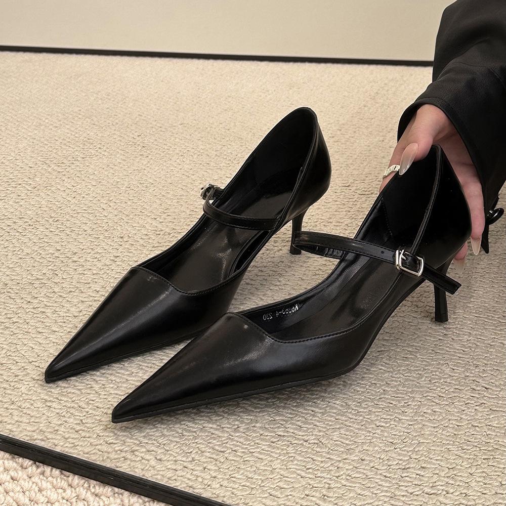 2025 spring new one-word with stiletto single shoes pointed black high heels femininity advanced not tired feet