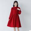 Girls' Red Ruffle Stand Collar Long Sleeve Waist-Hugging Dress for Autumn