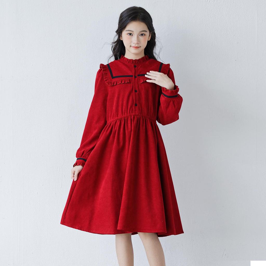 Girls' Red Ruffle Stand Collar Long Sleeve Waist-Hugging Dress for Autumn