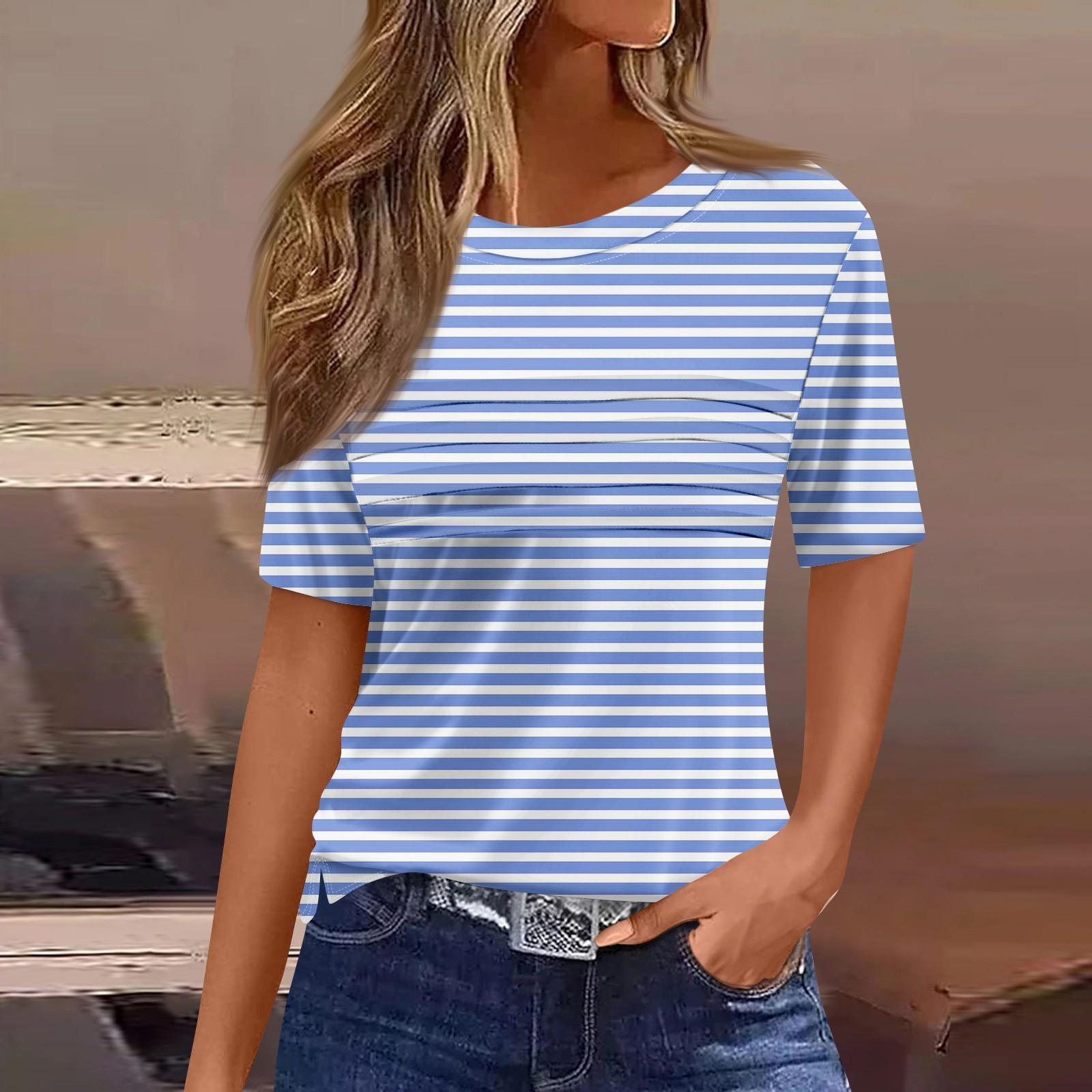 

Футболки для женщин, плиссированные, с круглым вырезом, нарядные, повседневные, блузки с принтом, с коротким рукавом, летние топы, свободный крой XL тёмно-синий