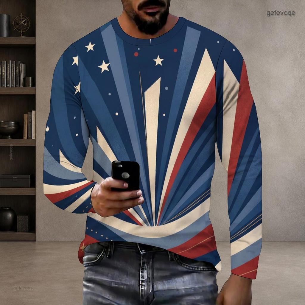 Men S Plus Size Round Neck Long Sleeve Vintage American Flag Printed Pullover T Shirt Straight Hem