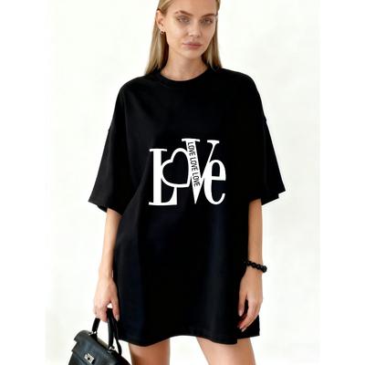 Oversized T Shirt Dress Black Love Letter Print For Casual Wear
