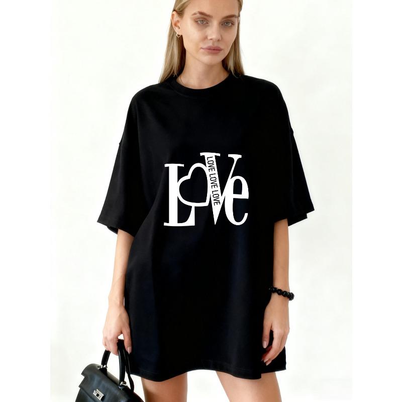 

Oversized T Shirt Dress Black Love Letter Print For Casual Wear XXXXL чорний