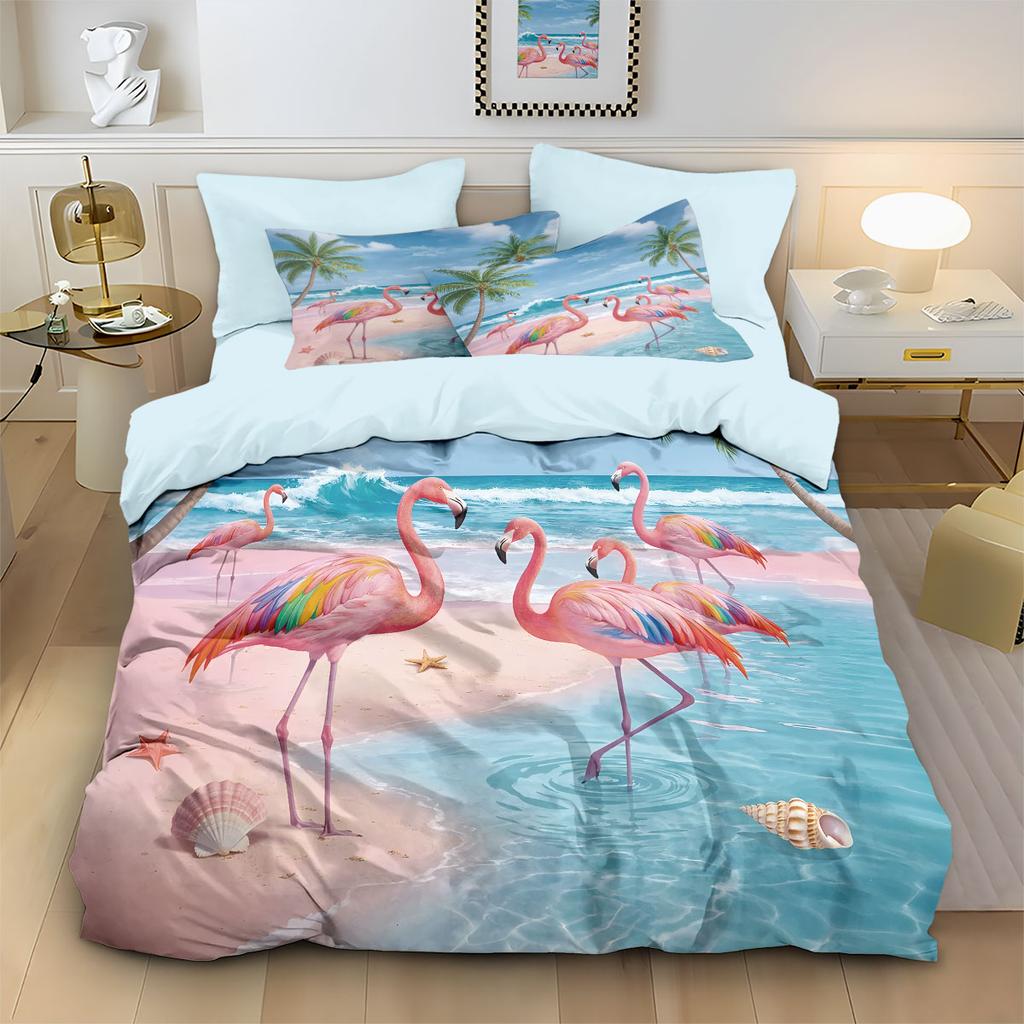 3pcs Flamingo Forest Animal Print Coreless Duvet Set, Multi Size Bedroom Bedding Decoration, Machine Washable