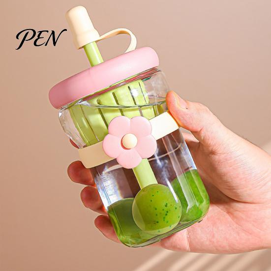 Glass Infuser Bottle for Green Tea Lovers Straw Cup, with Detachable Filter, Macaron Color Flower Cute Floral Women Decor, Portable Heat Resistant
