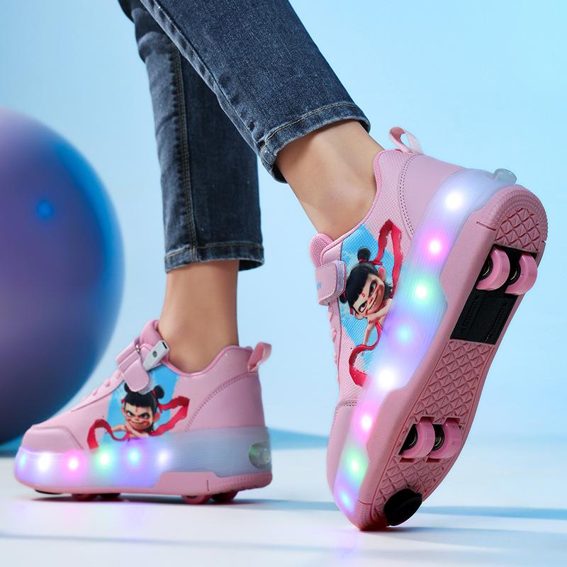 2025 New Runaway Shoes Boys Nezha Luminous Pulley Skates Four-wheel Invisible Walking Outdoor Sports Women