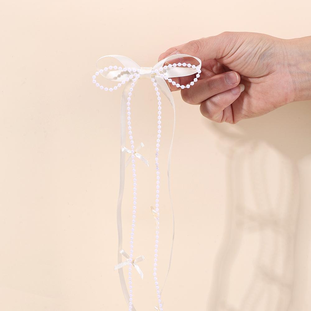 2Pcs White Satin Bow Hair Clips With Pearl Chains Elegant Long Ribbon Hairpins Sweet Romantic Hair Accessories For Girls Women