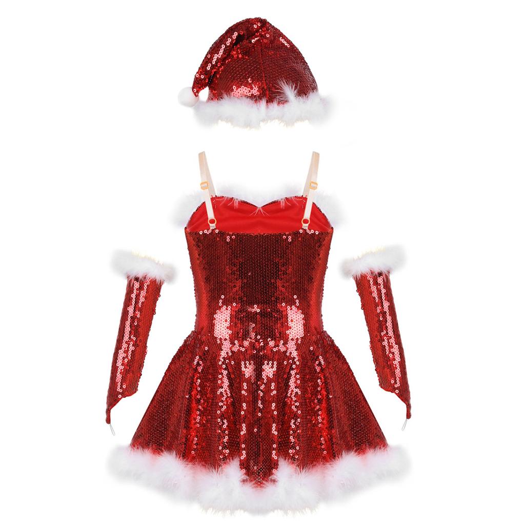 Kids Girls Santa Costume Outfit Sleeveless Sequin Tutu Dress Dance Show Fancy Dress Set for Christmas Cosplay Party