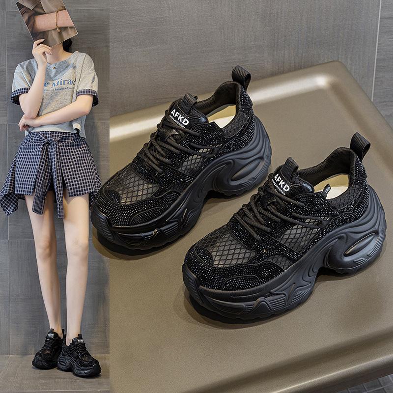 Women's Summer Rhinestone Mesh Dad Shoes - Thick-Soled, Breathable, Casual Sports, Size 34 Platform