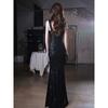 Sexy evening dress sequined black suspender design sense fishtail temperament banquet host dignified atmosphere dress