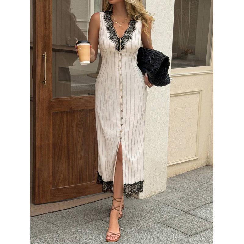 European summer French retro casual temperament striped lace splicing V-neck sleeveless dress S