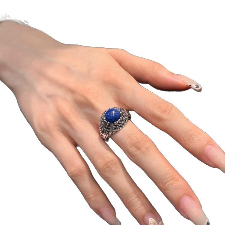 Stylish S925 Sterling Silver Lapis Lazuli Open Ring - Women's Retro, Versatile Punk Design