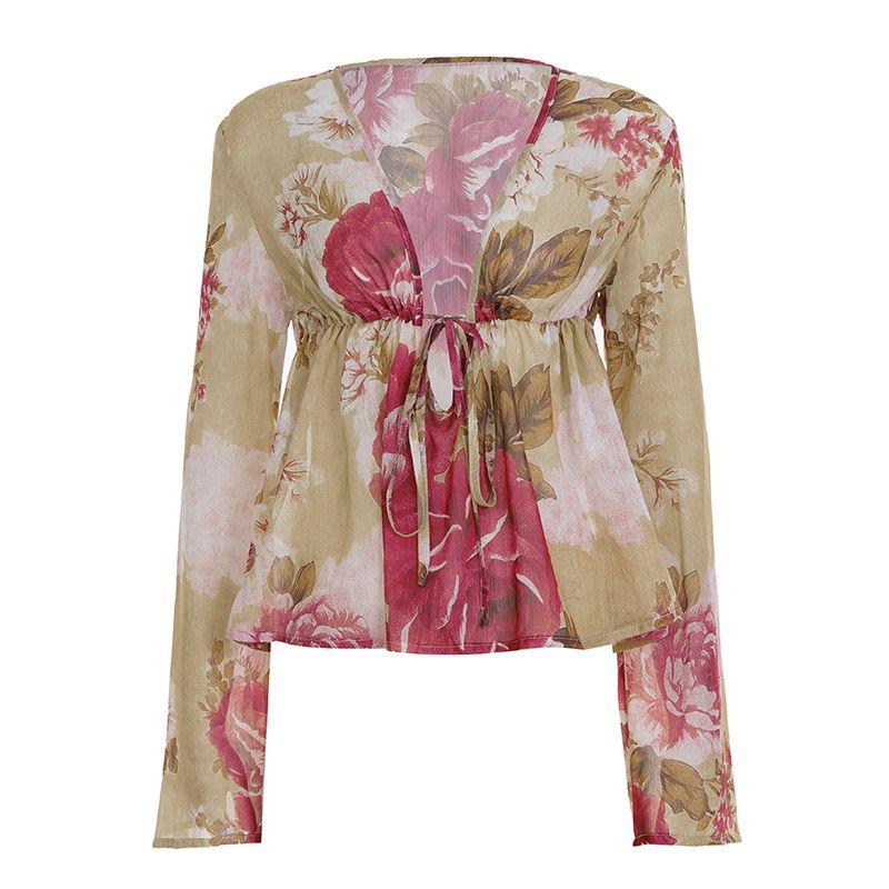 

H s Европейская и американская женская одежда Средневековая серия растений с холодным ощущением Цветочный принт Шнуровка Шифоновая блузка Легкий прозрачный топ Flower color L