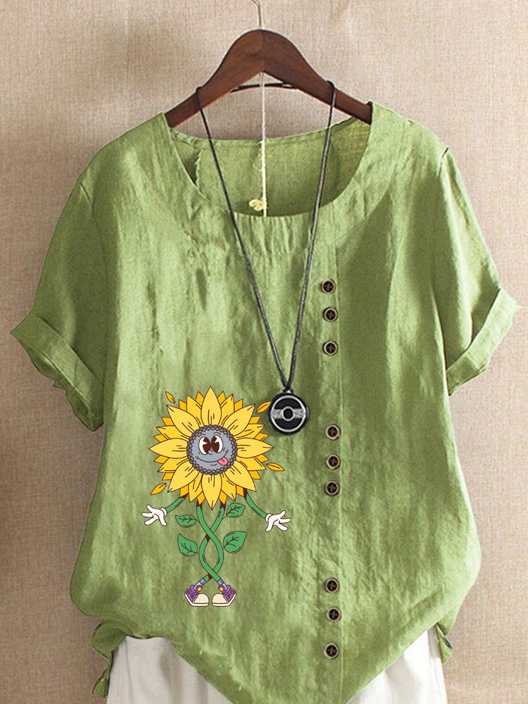 Women's Fashion Abstract Sunflower Print Casual Cotton Linen Short Sleeve Round Neck T-shirt Shirt Leisure Loose Summer Blouse Tops