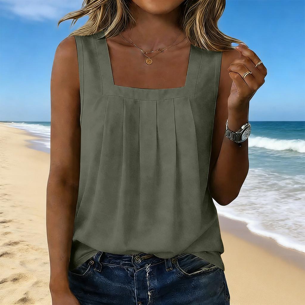 Women’s Square Neck Pleated Tank Top Sleeveless Casual Blouse Loose Fit Lightweight Pullover Shirt for Daily Wear