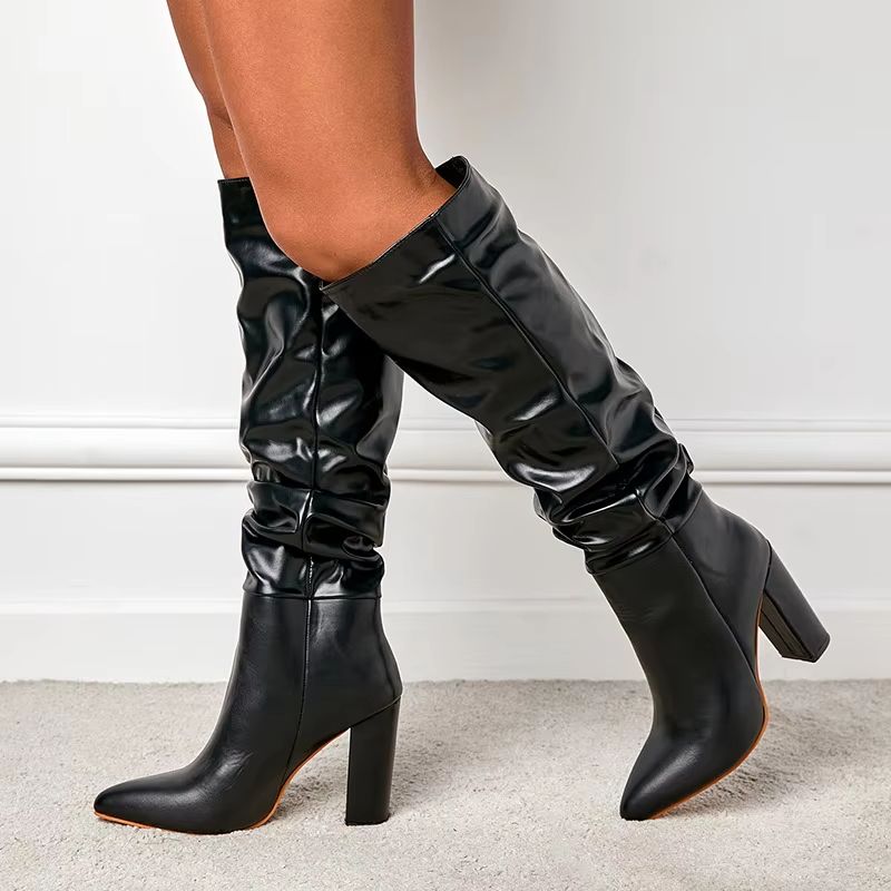 Fashion Sexy Nightclub Stripper Heels Fashion Pleated Pointed Toe Motorcycle Over Knee Boots Women Thigh High Long Shoes Platform Boots