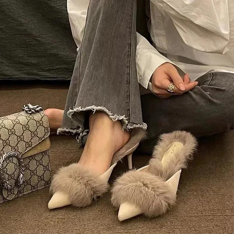 

Женские туфли на высоком каблуке Меховые тапочки Мюли Острый носок Меховые шлепанцы Модные элегантные роскошные дизайнерские шлепанцы Офисные туфли-лодочки 39 хаки