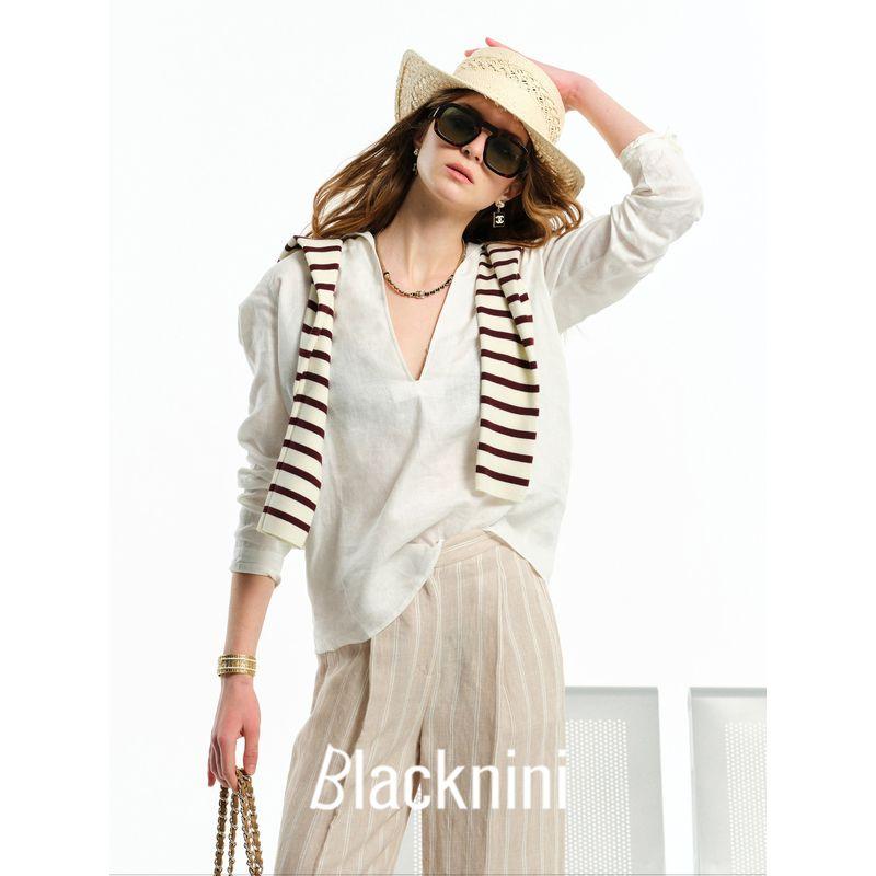 Blacknini "Little Time" V-neck Shirt Tops Linen 190gsm Plain Comfortable Dark White