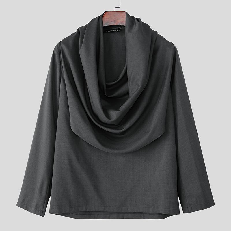 INCERUN Spring Men Swing Collar Low Cut Long Sleeve Casual Loose Solid Shirts Tops